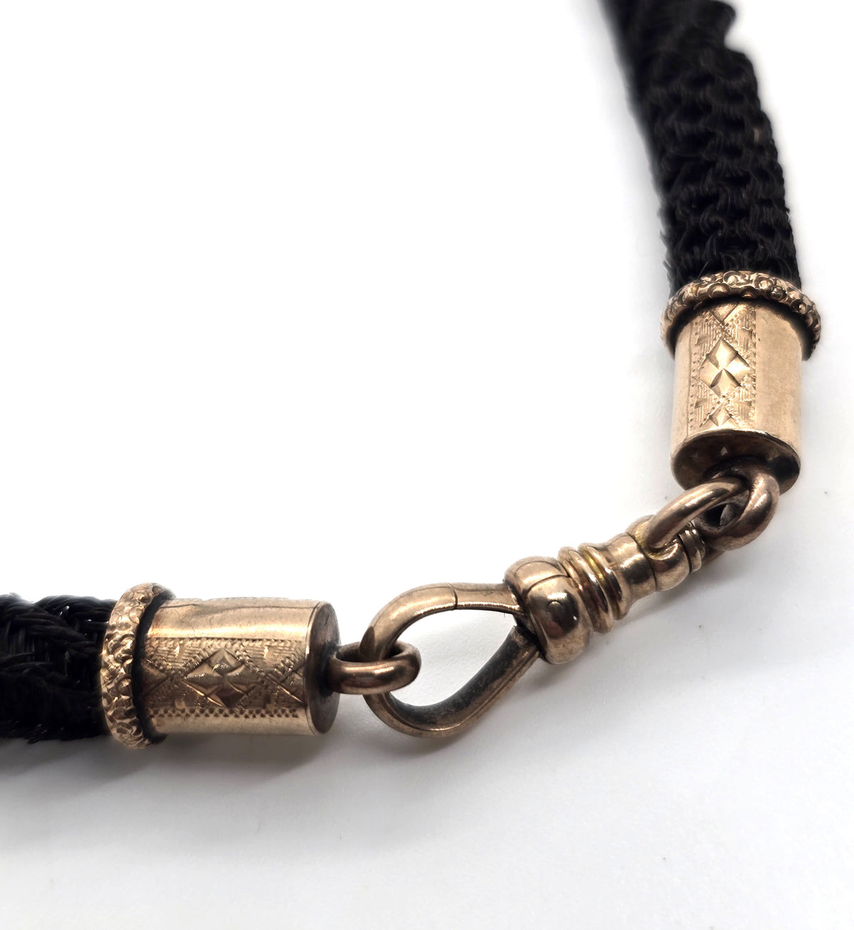 10k gold Antique Victorian braided dark hair mourning chain with T bar