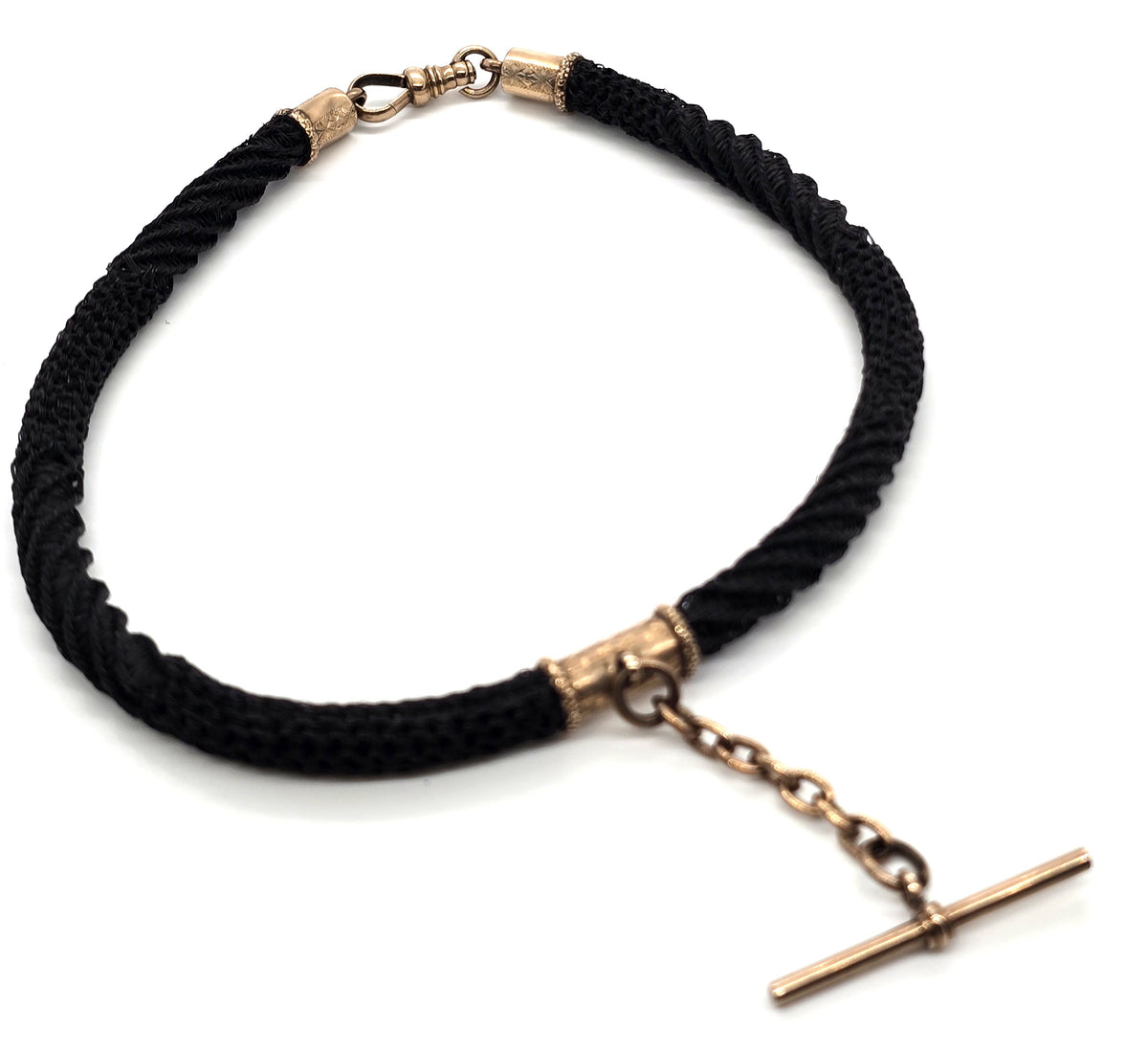 10k gold Antique Victorian braided dark hair mourning chain with T bar