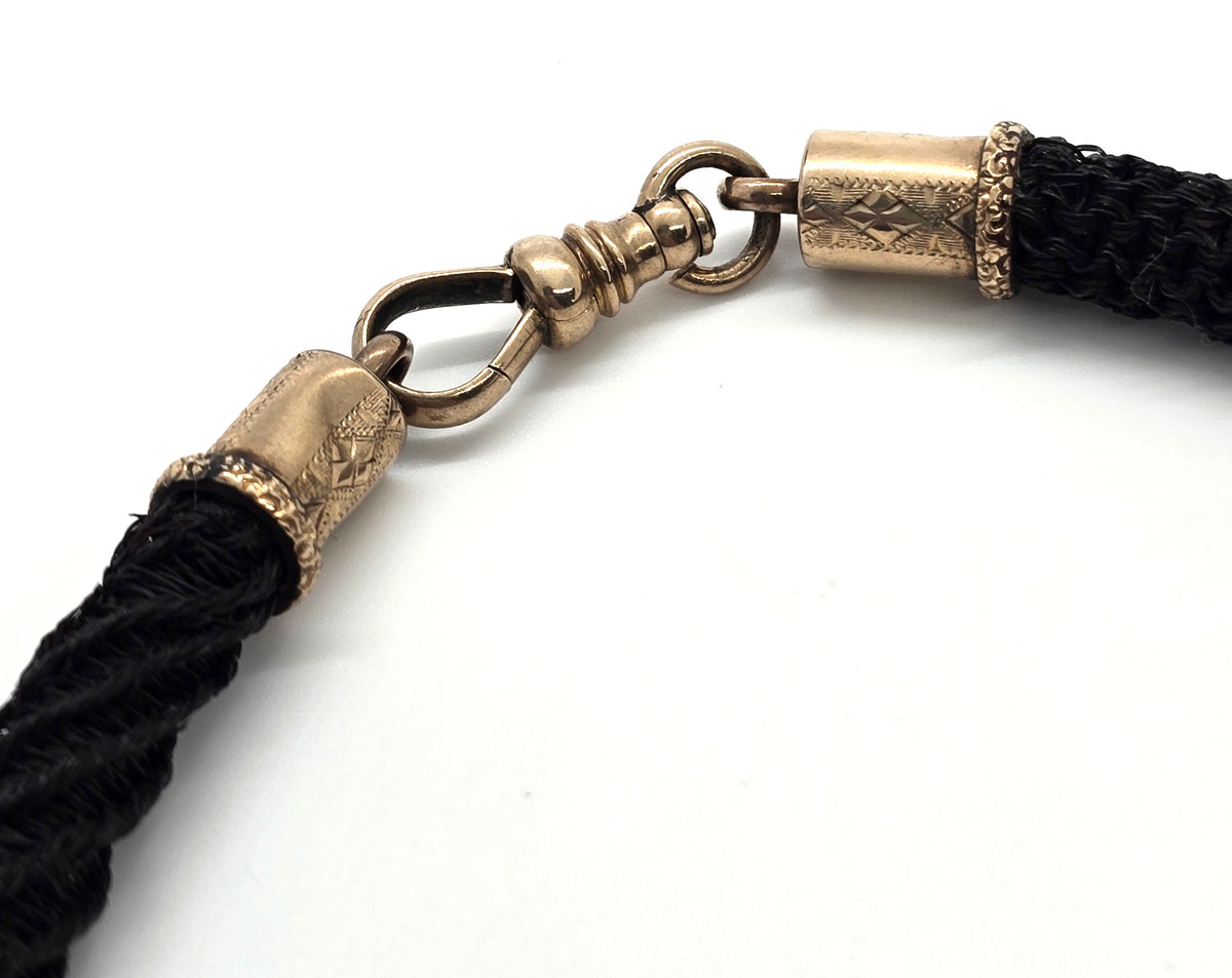 10k gold Antique Victorian braided dark hair mourning chain with T bar