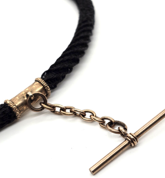 10k gold Antique Victorian braided dark hair mourning chain with T bar
