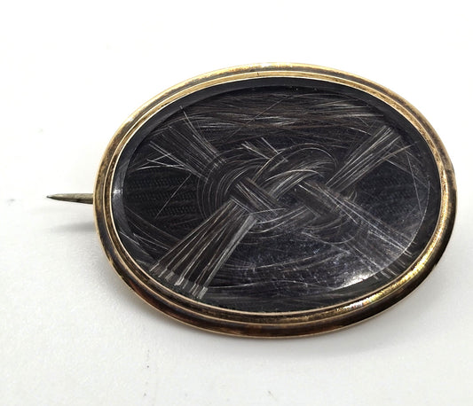 10k gold Antique Victorian braided dark hair mourning memento mori brooch