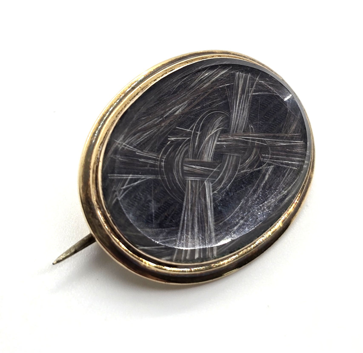 10k gold Antique Victorian braided dark hair mourning memento mori brooch