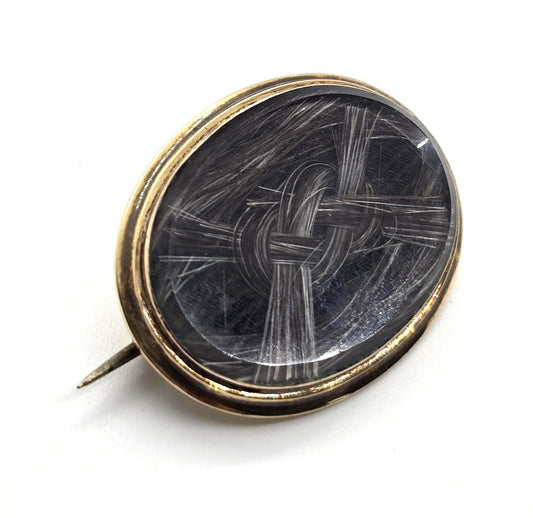 10k gold Antique Victorian braided dark hair mourning memento mori brooch