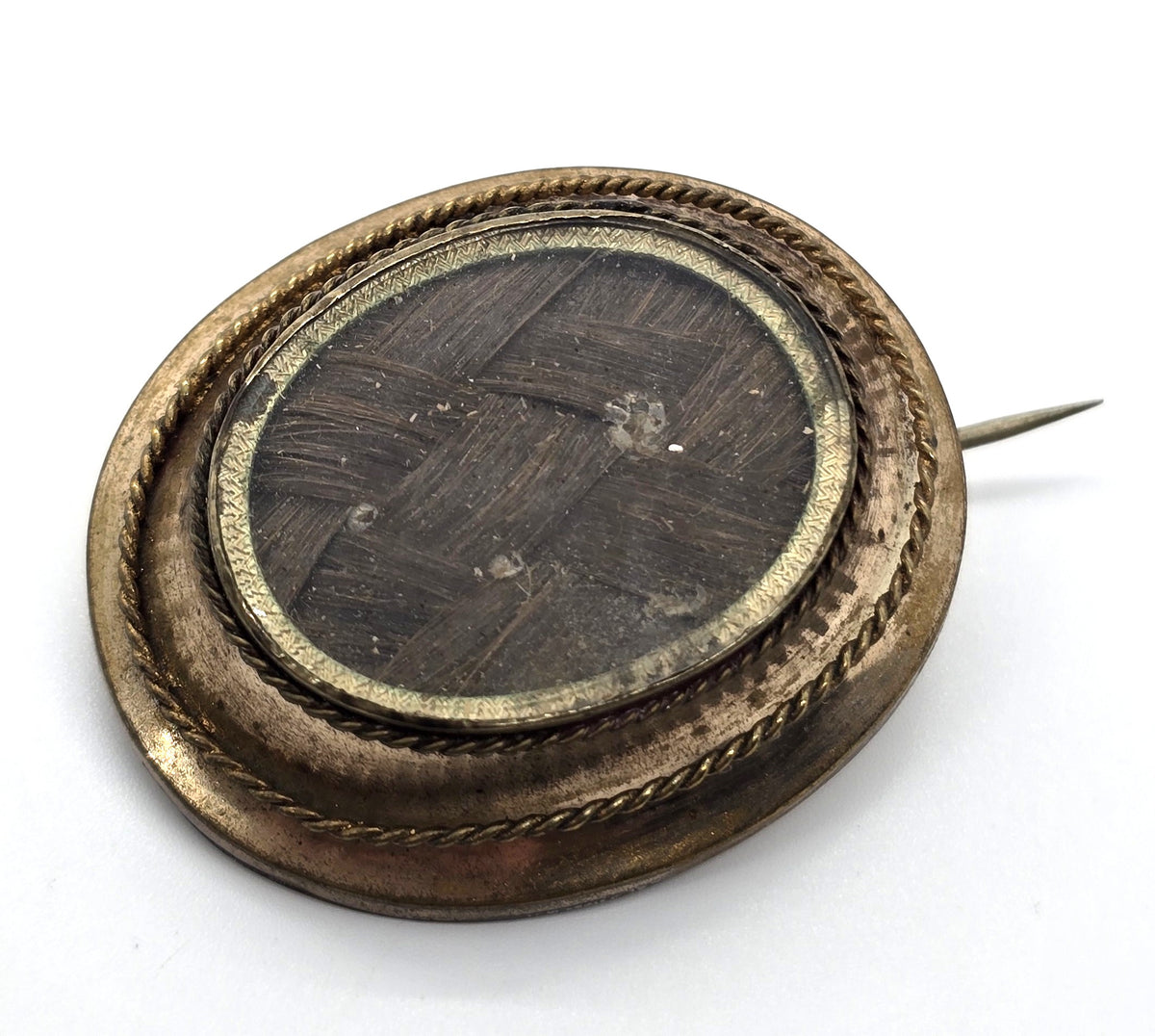 Gold Filled Antique Victorian braided dark hair mourning memento mori brooch