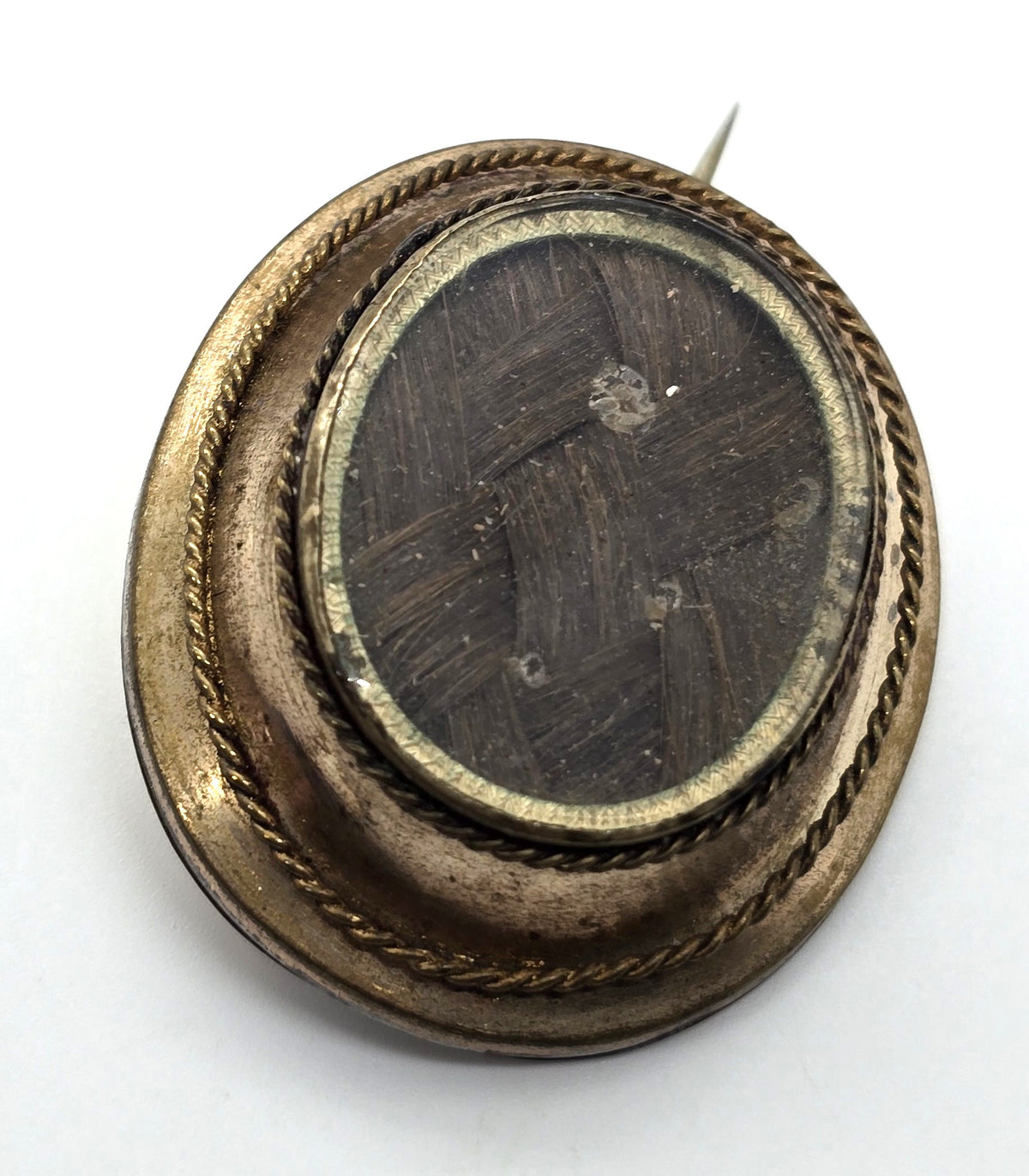 Gold Filled Antique Victorian braided dark hair mourning memento mori brooch