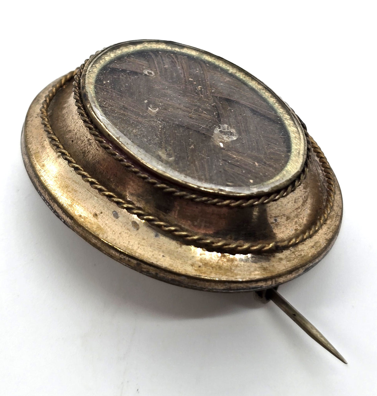 Gold Filled Antique Victorian braided dark hair mourning memento mori brooch