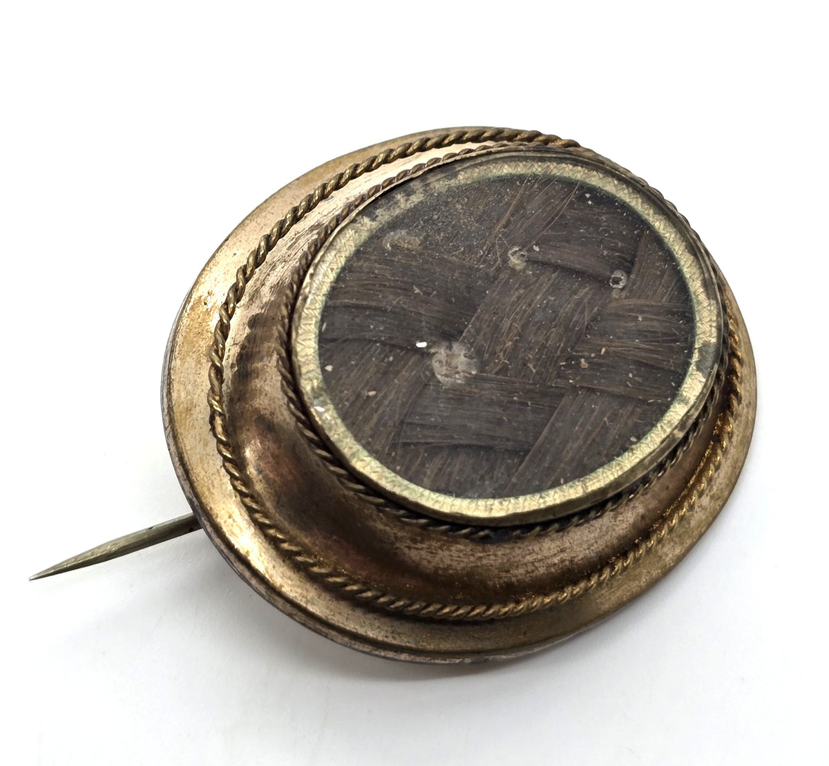 Gold Filled Antique Victorian braided dark hair mourning memento mori brooch