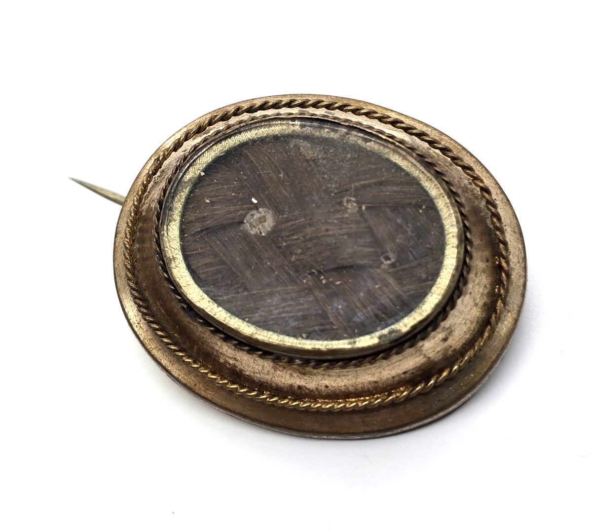 Gold Filled Antique Victorian braided dark hair mourning memento mori brooch