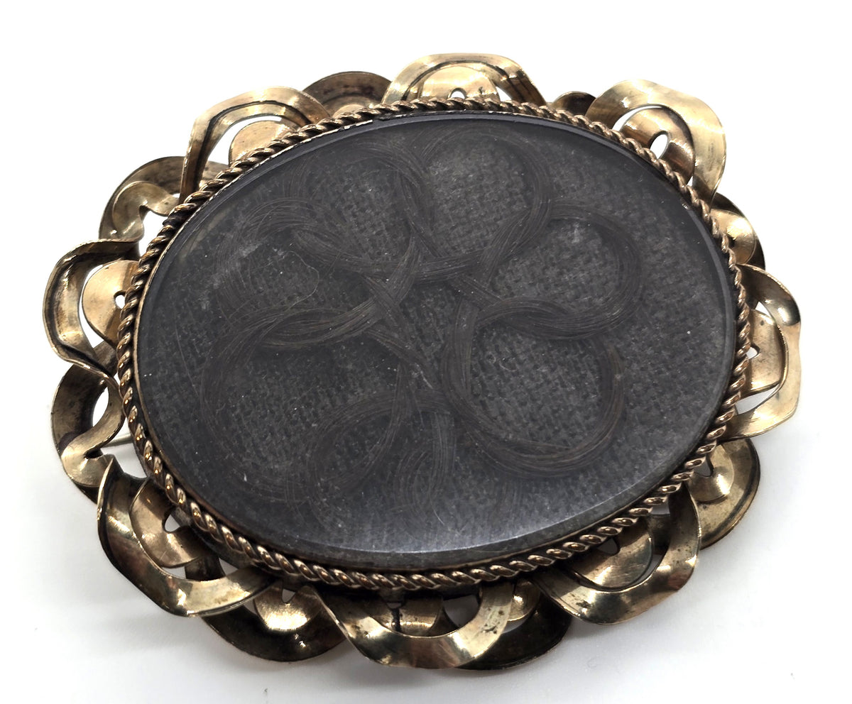 Gold Filled Antique Victorian braided flower hair mourning memento mori brooch