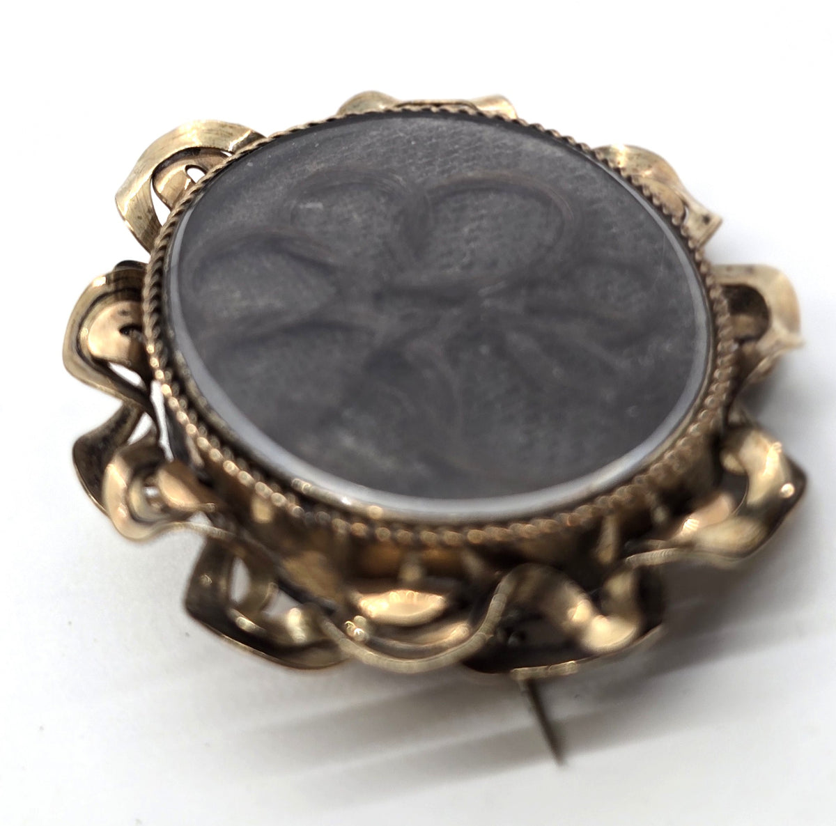 Gold Filled Antique Victorian braided flower hair mourning memento mori brooch