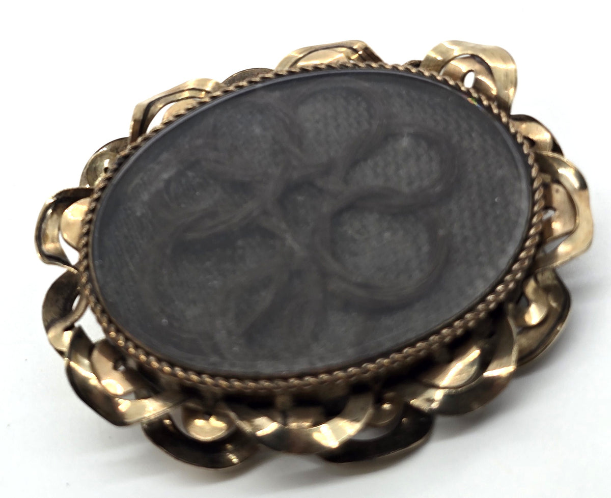 Gold Filled Antique Victorian braided flower hair mourning memento mori brooch