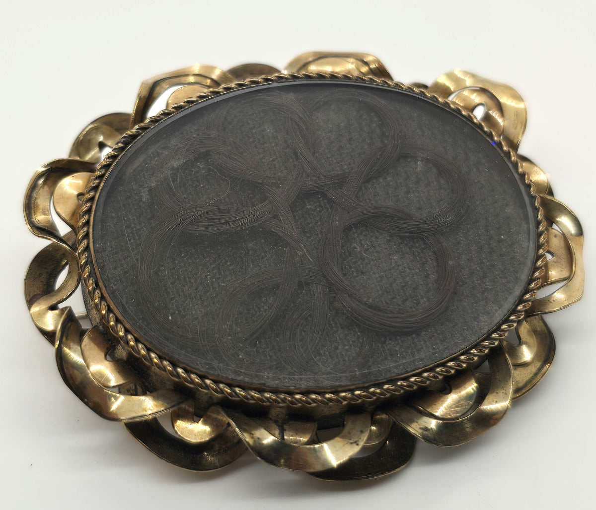 Gold Filled Antique Victorian braided flower hair mourning memento mori brooch