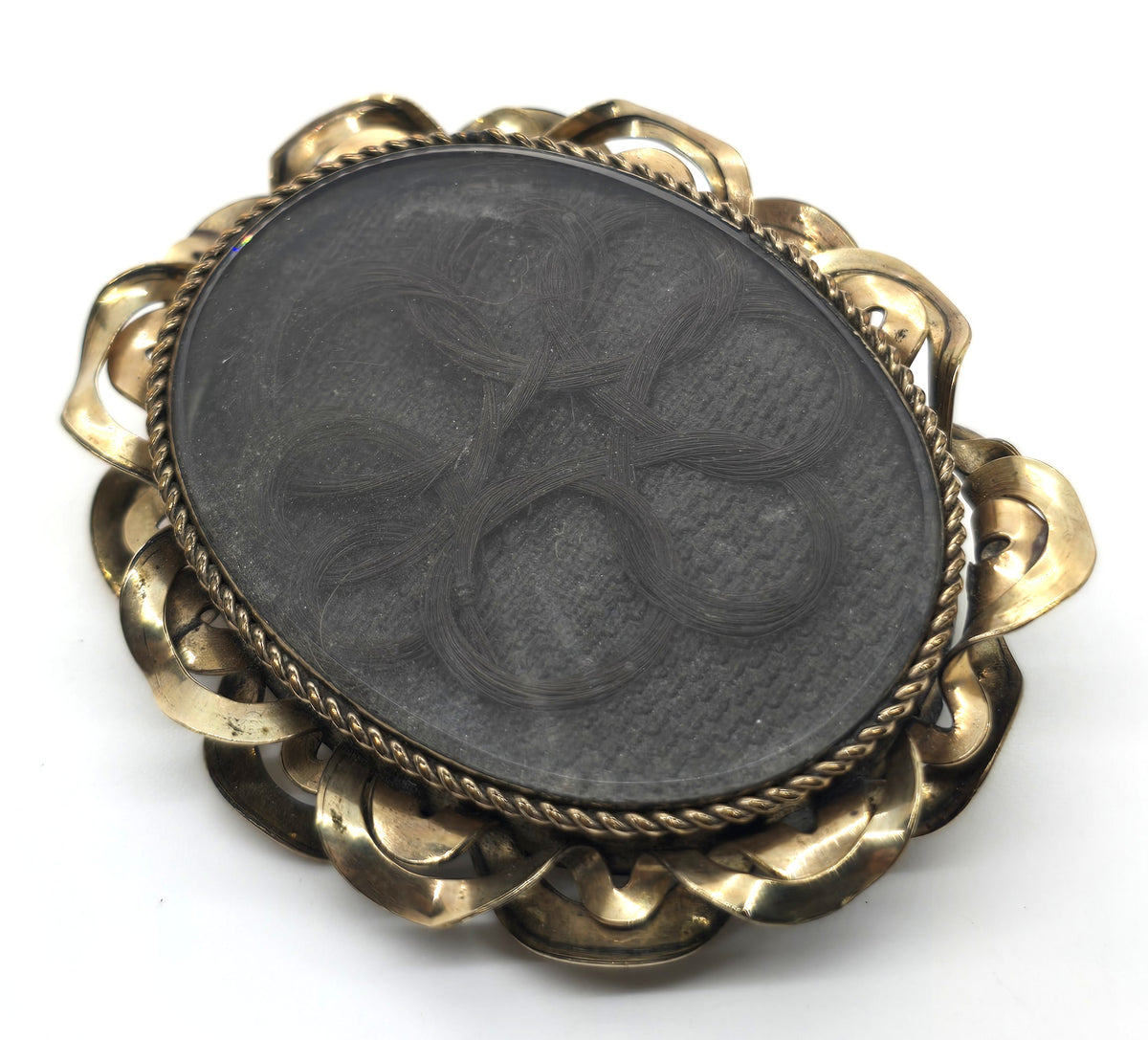 Gold Filled Antique Victorian braided flower hair mourning memento mori brooch