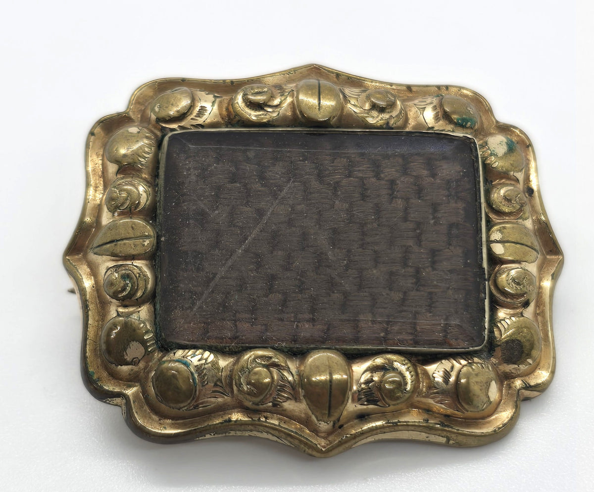 Gold Filled Antique Victorian braided hair mourning memento mori brooch