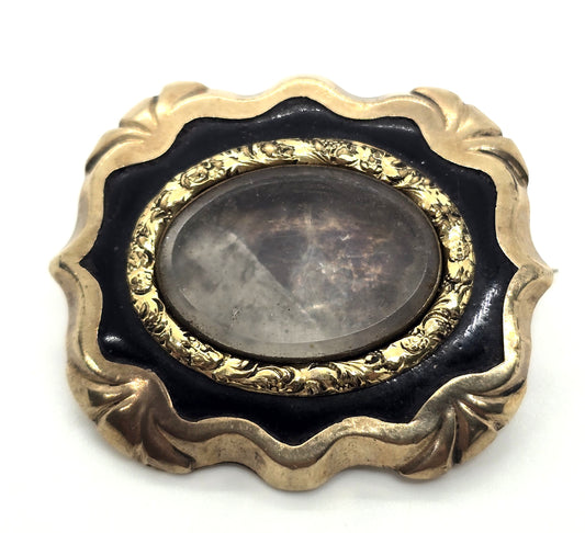 Gold filled Antique enamel mourning memento enamel mori brooch empty