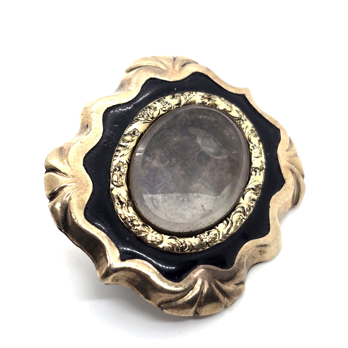 Gold filled Antique enamel mourning memento enamel mori brooch empty