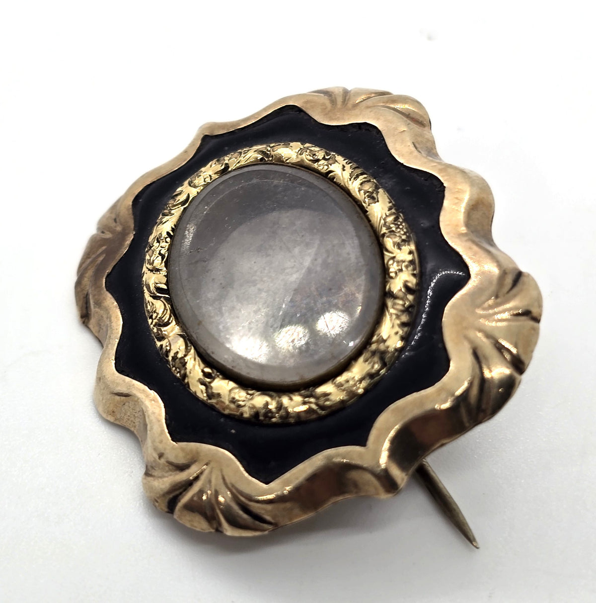 Gold filled Antique enamel mourning memento enamel mori brooch empty