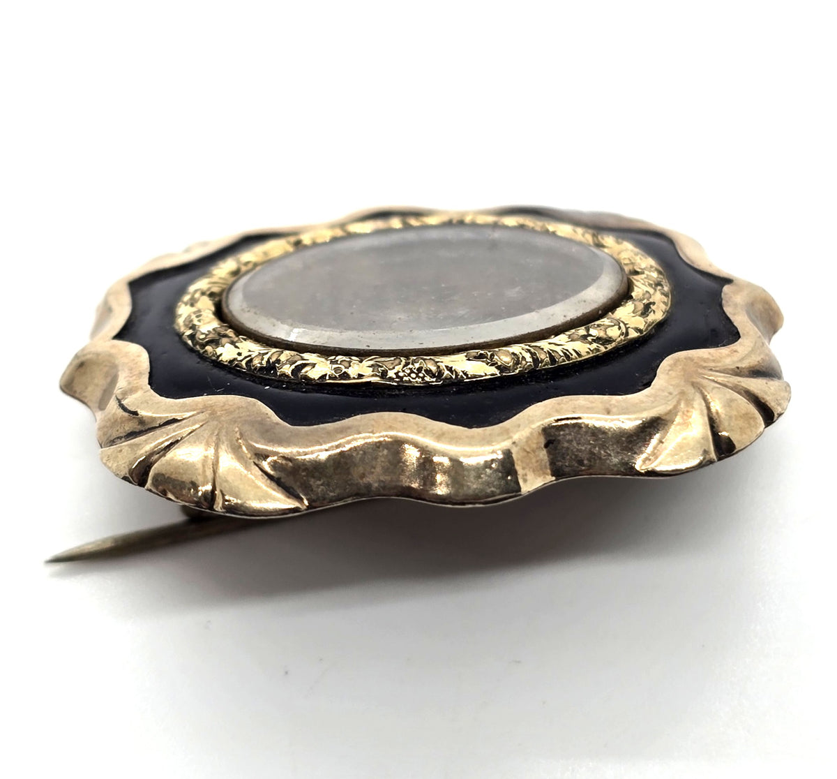 Gold filled Antique enamel mourning memento enamel mori brooch empty