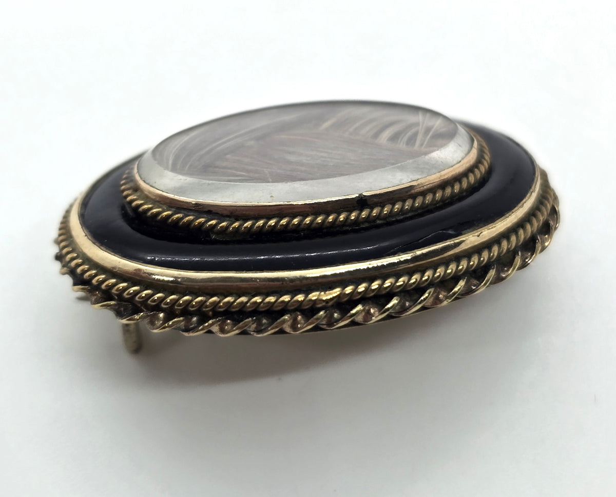 Gold filled Antique enamel mourning braided hair memento enamel mori brooch