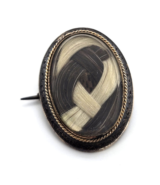 Gold filled Antique enamel mourning braided hair memento enamel mori brooch