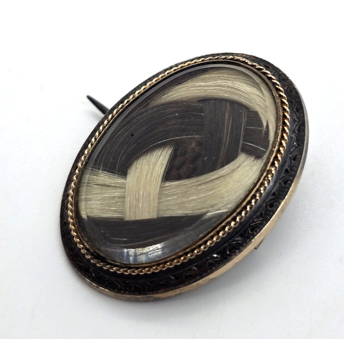 Gold filled Antique enamel mourning braided hair memento enamel mori brooch