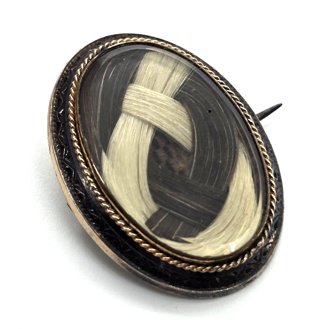 Gold filled Antique enamel mourning braided hair memento enamel mori brooch