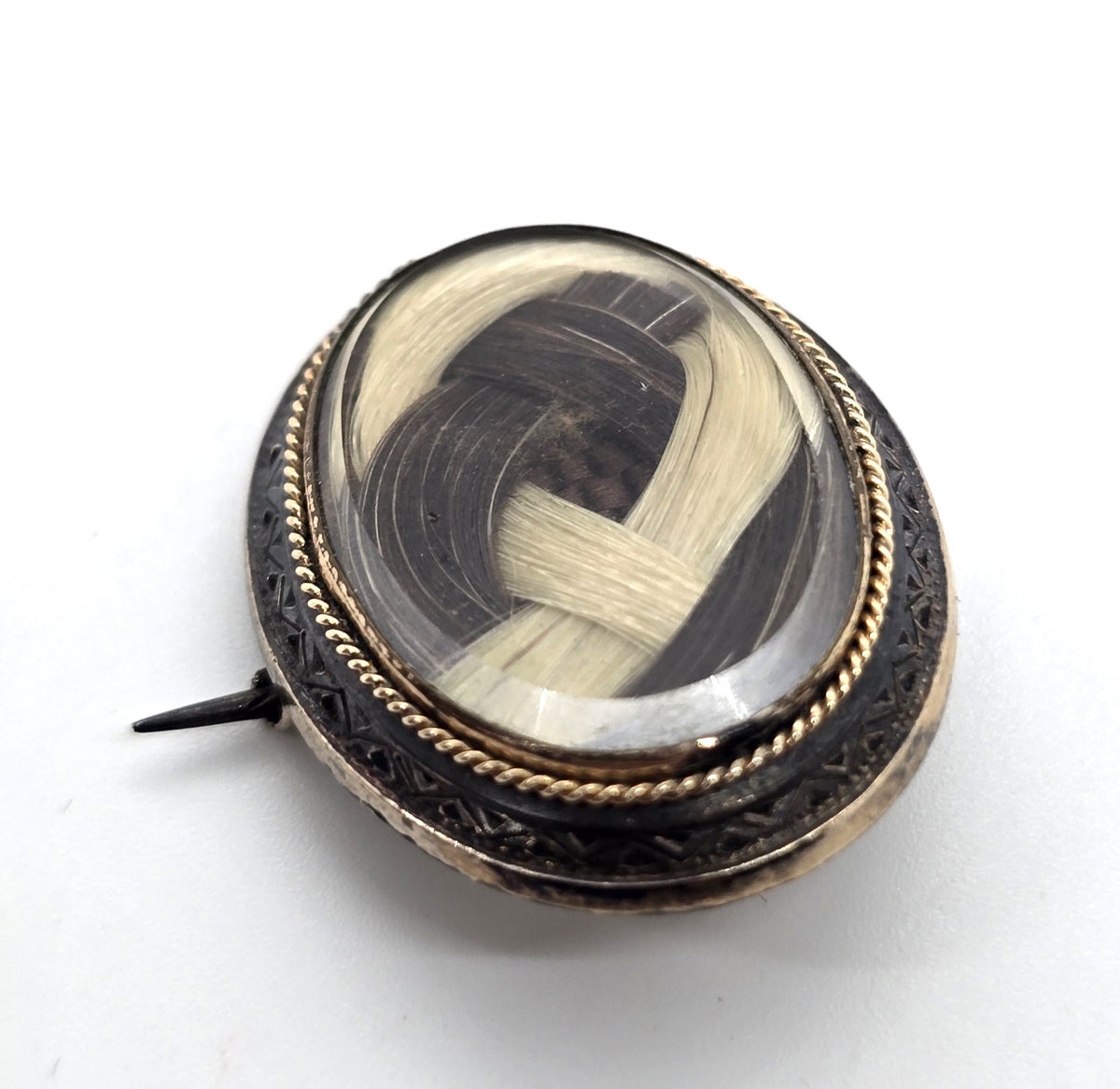 Gold filled Antique enamel mourning braided hair memento enamel mori brooch