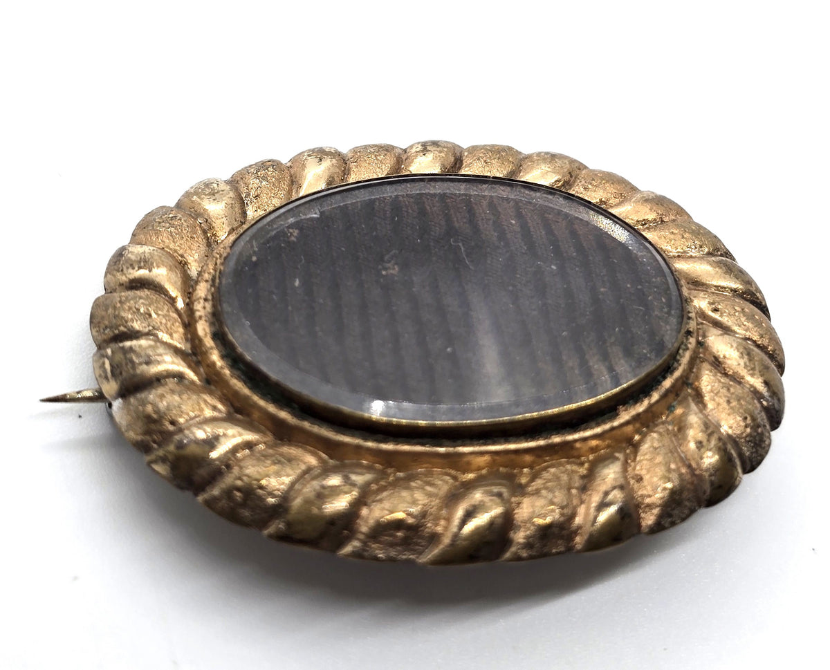 Gold Filled Antique Victorian braided dark hair mourning memento mori brooch