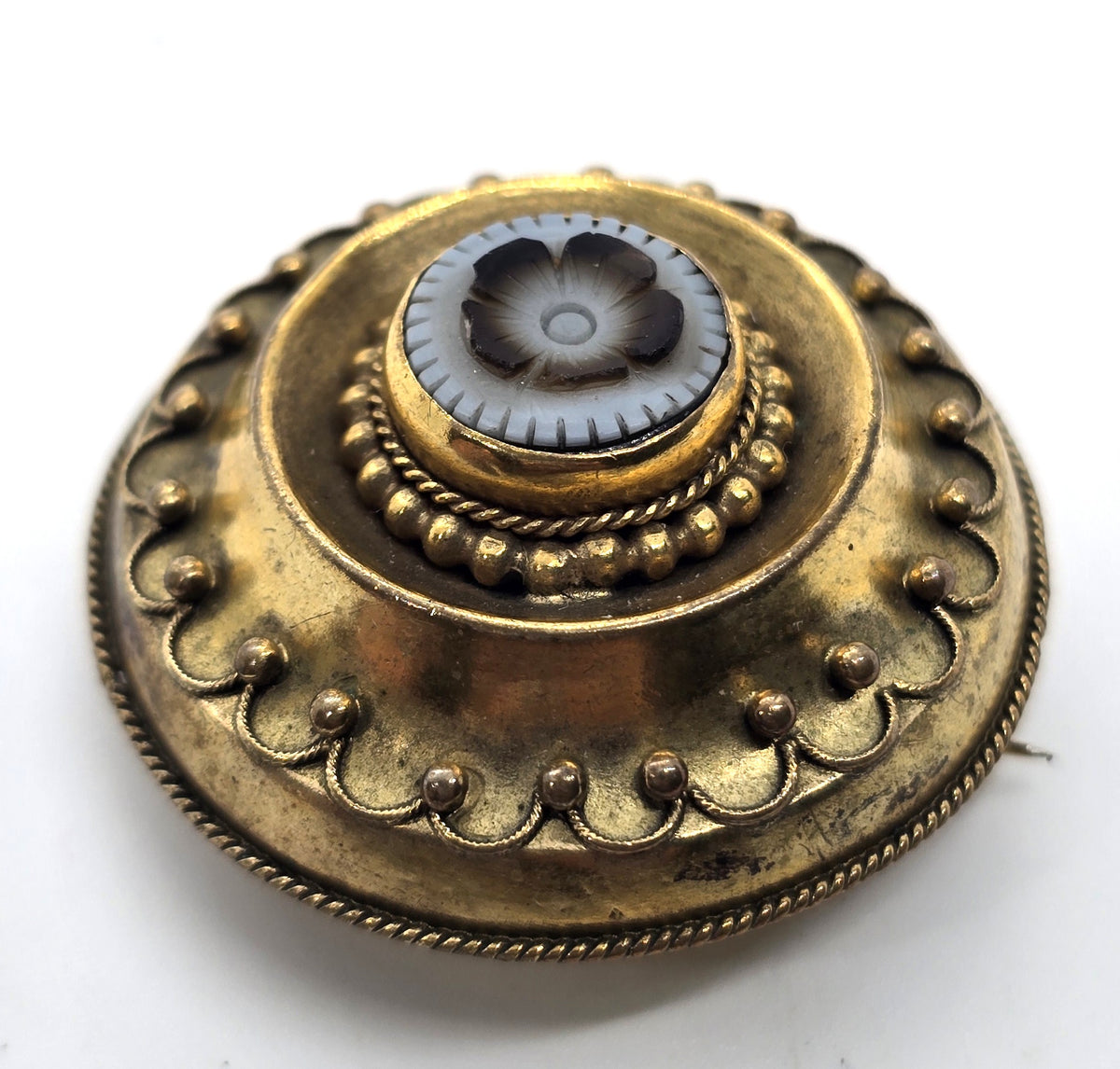 Gold Filled Antique Blue forget me not flower reverse hair mourning memento mori brooch