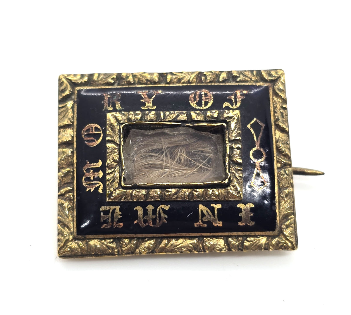 Gold filled In Memory Of Antique enamel mourning memento mori brooch