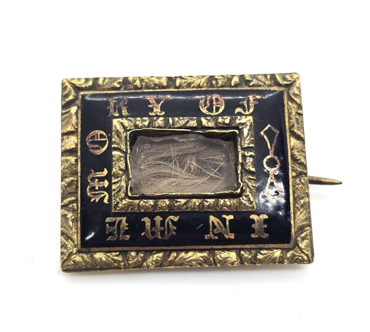 Gold filled In Memory Of Antique enamel mourning memento mori brooch
