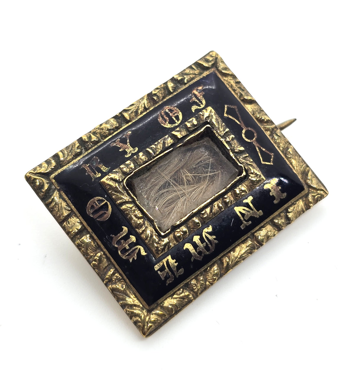 Gold filled In Memory Of Antique enamel mourning memento mori brooch