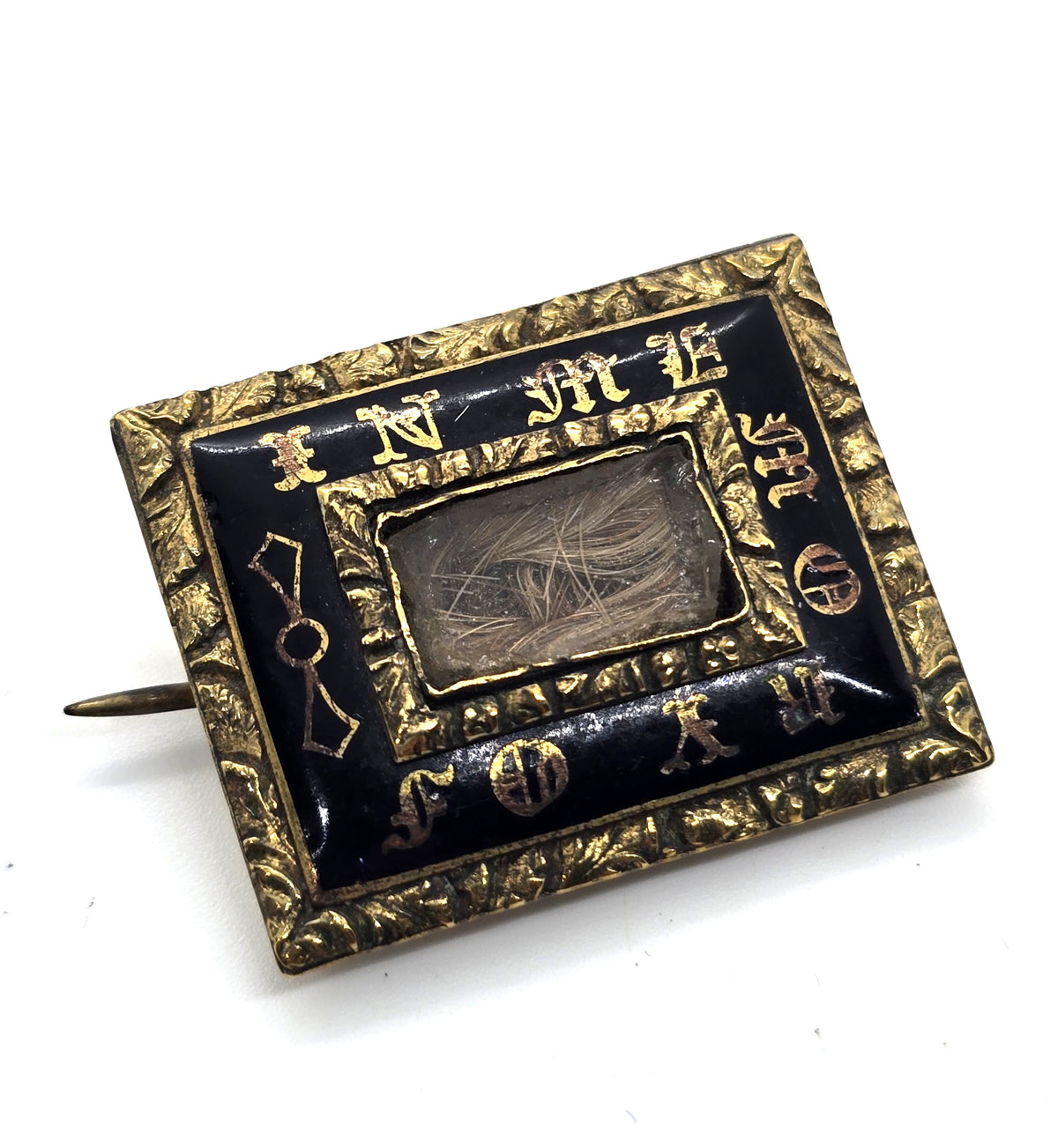 Gold filled In Memory Of Antique enamel mourning memento mori brooch
