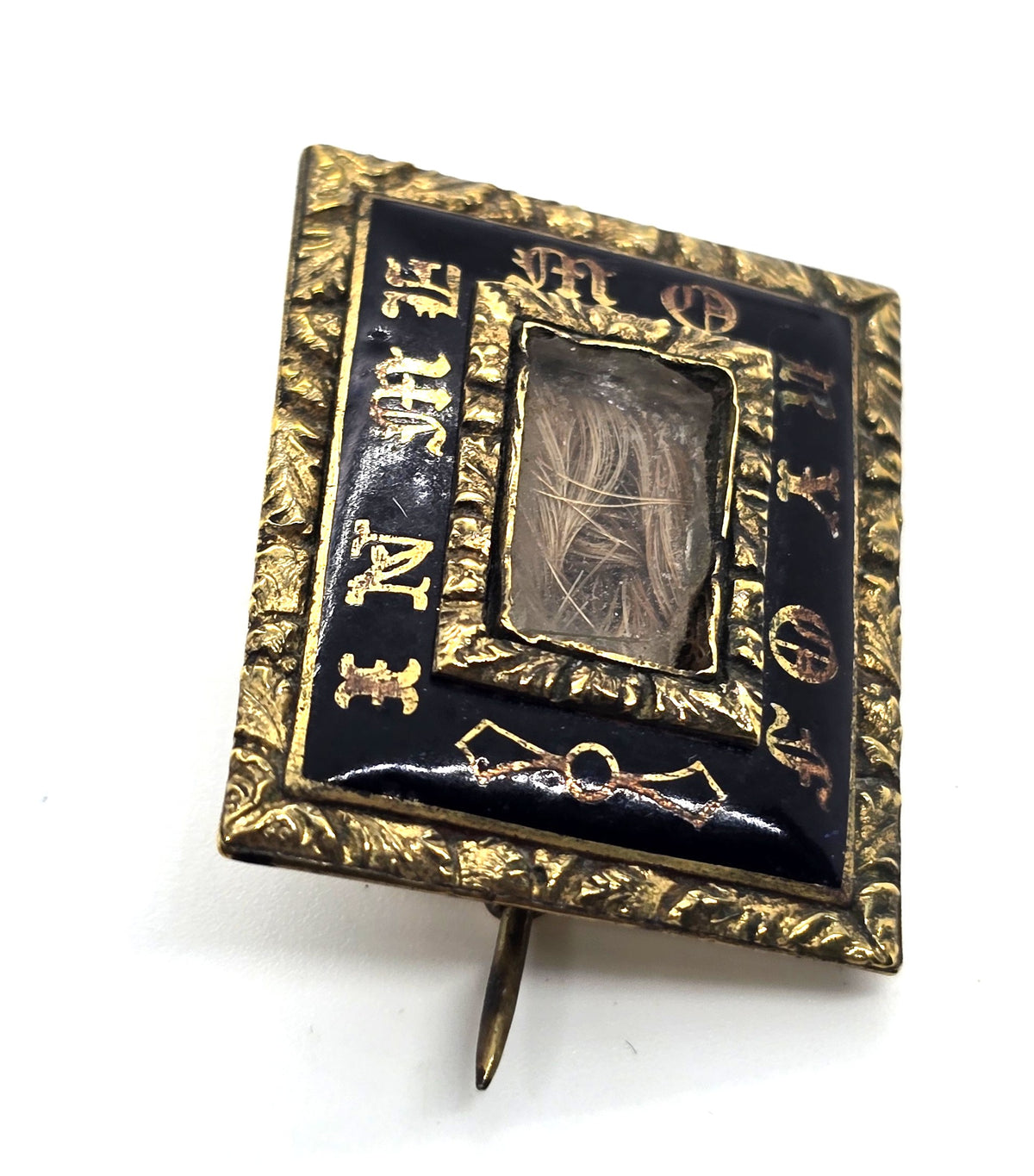 Gold filled In Memory Of Antique enamel mourning memento mori brooch