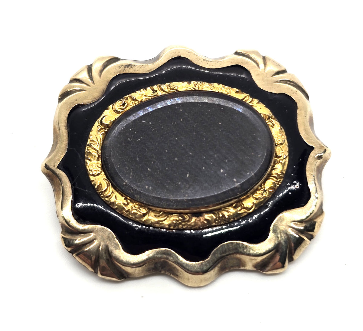 Gold filled Antique hair black enamel mourning memento mori brooch