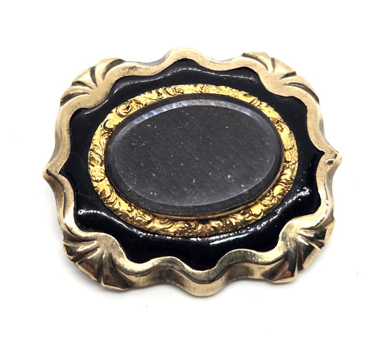 Gold filled Antique hair black enamel mourning memento mori brooch