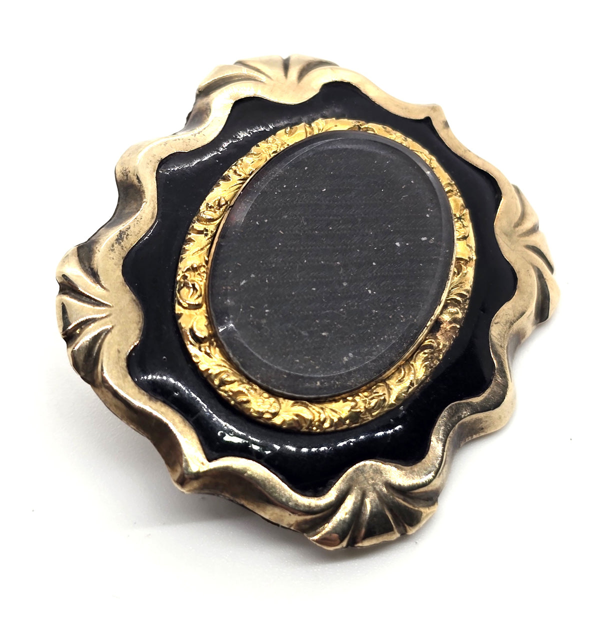 Gold filled Antique hair black enamel mourning memento mori brooch
