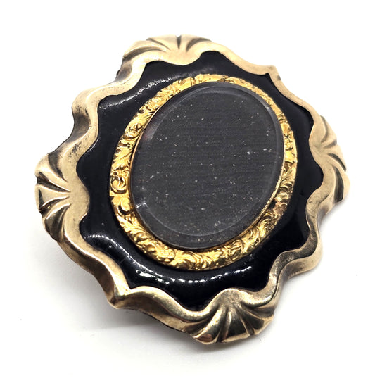 Gold filled Antique hair black enamel mourning memento mori brooch