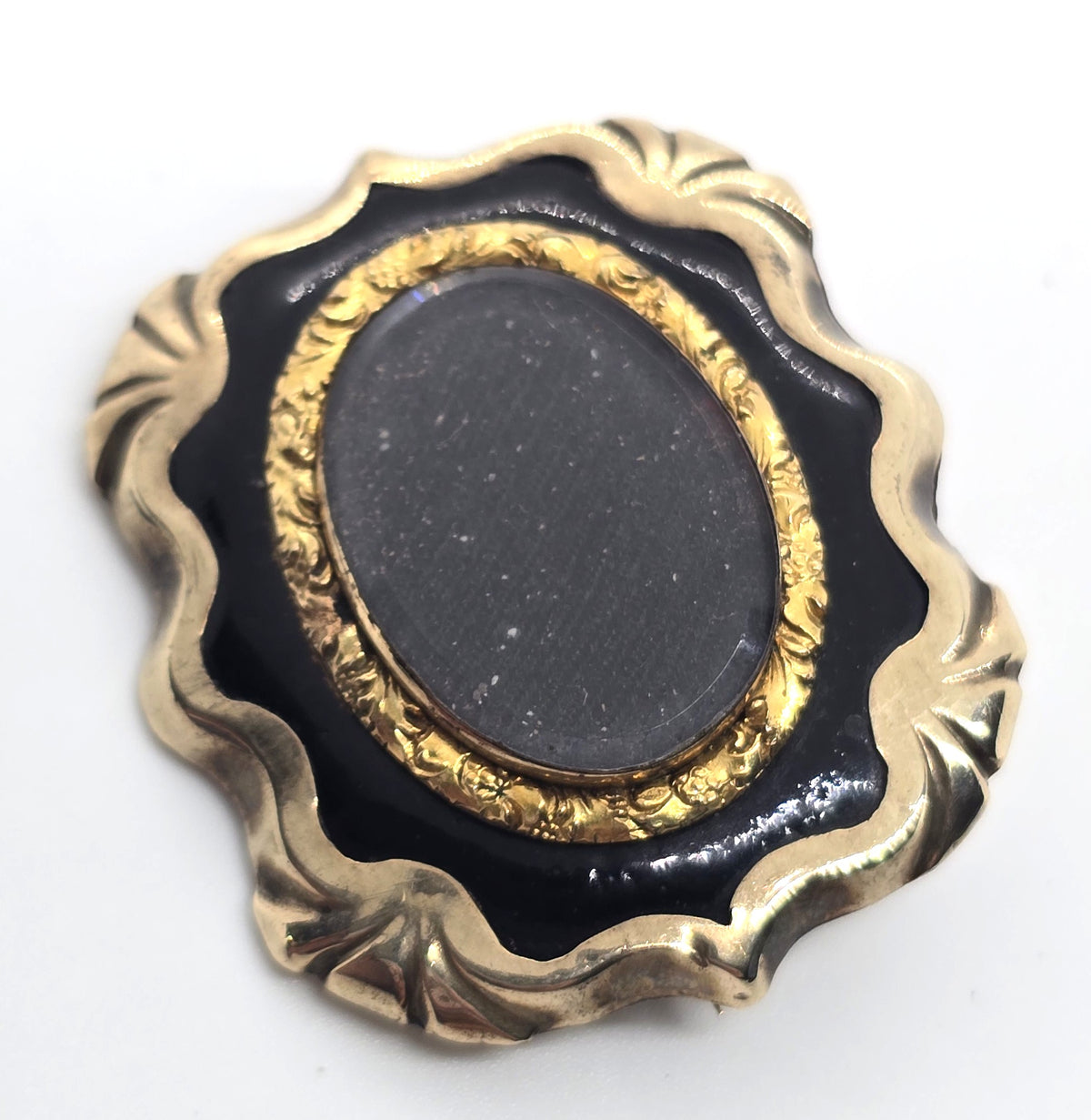 Gold filled Antique hair black enamel mourning memento mori brooch