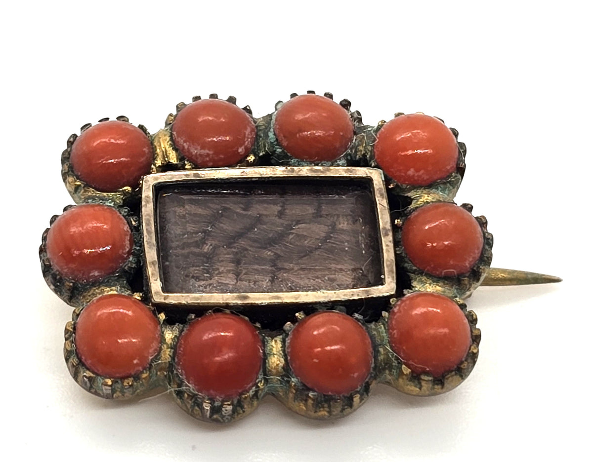 Gold Filled Antique red coral small hair mourning memento mori brooch