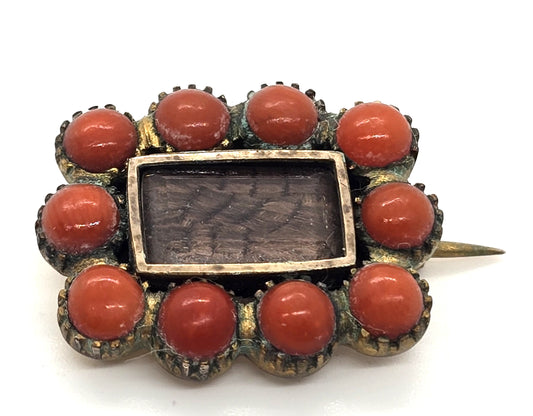 Gold Filled Antique red coral small hair mourning memento mori brooch