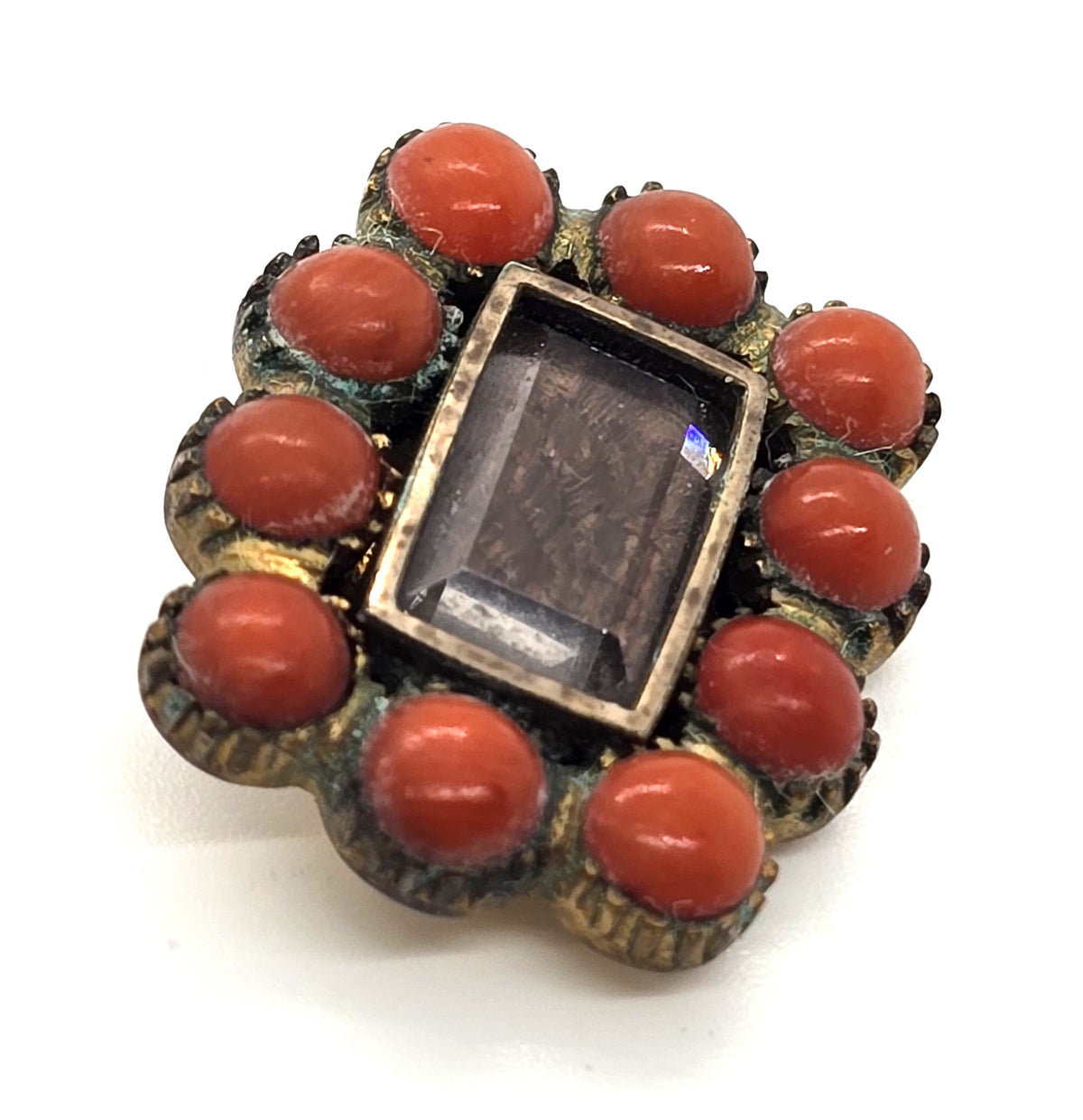 Gold Filled Antique red coral small hair mourning memento mori brooch