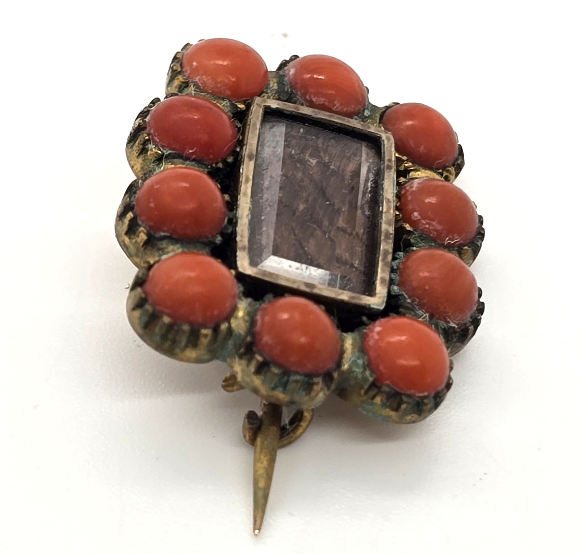 Gold Filled Antique red coral small hair mourning memento mori brooch