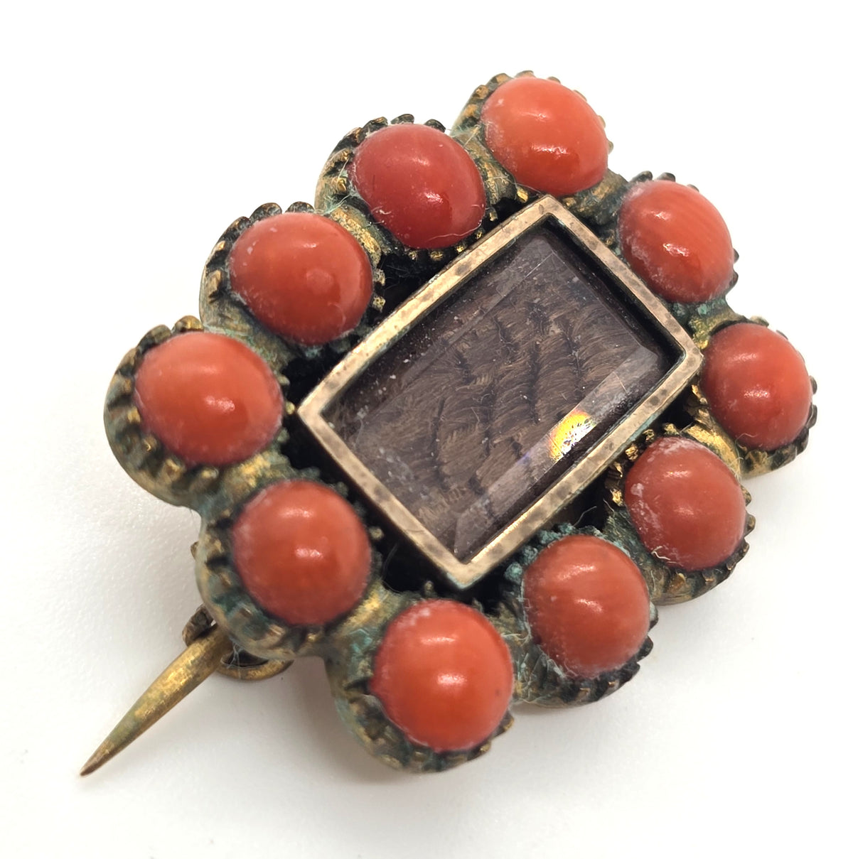 Gold Filled Antique red coral small hair mourning memento mori brooch