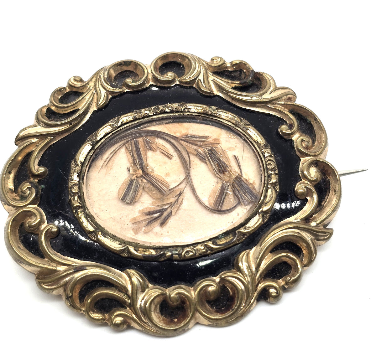 Gold filled Antique hair flower black enamel mourning memento mori brooch
