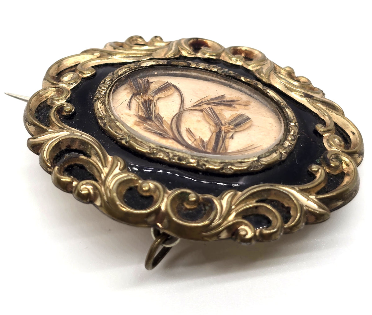 Gold filled Antique hair flower black enamel mourning memento mori brooch
