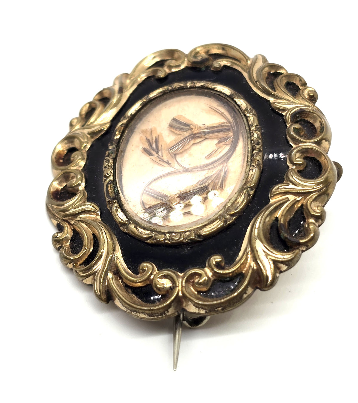 Gold filled Antique hair flower black enamel mourning memento mori brooch