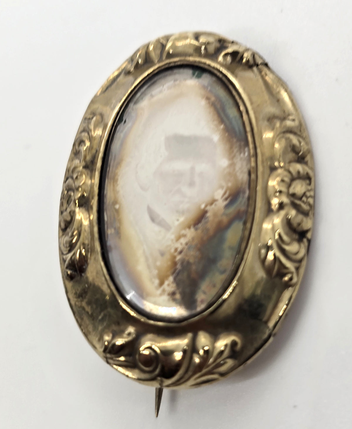 Gold filled Antique Daguerreotype portrait man mourning memento mori brooch