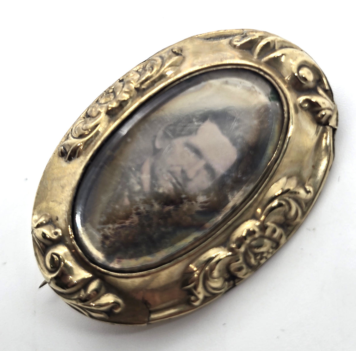 Gold filled Antique Daguerreotype portrait man mourning memento mori brooch