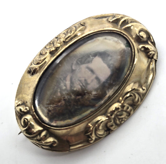 Gold filled Antique Daguerreotype portrait man mourning memento mori brooch